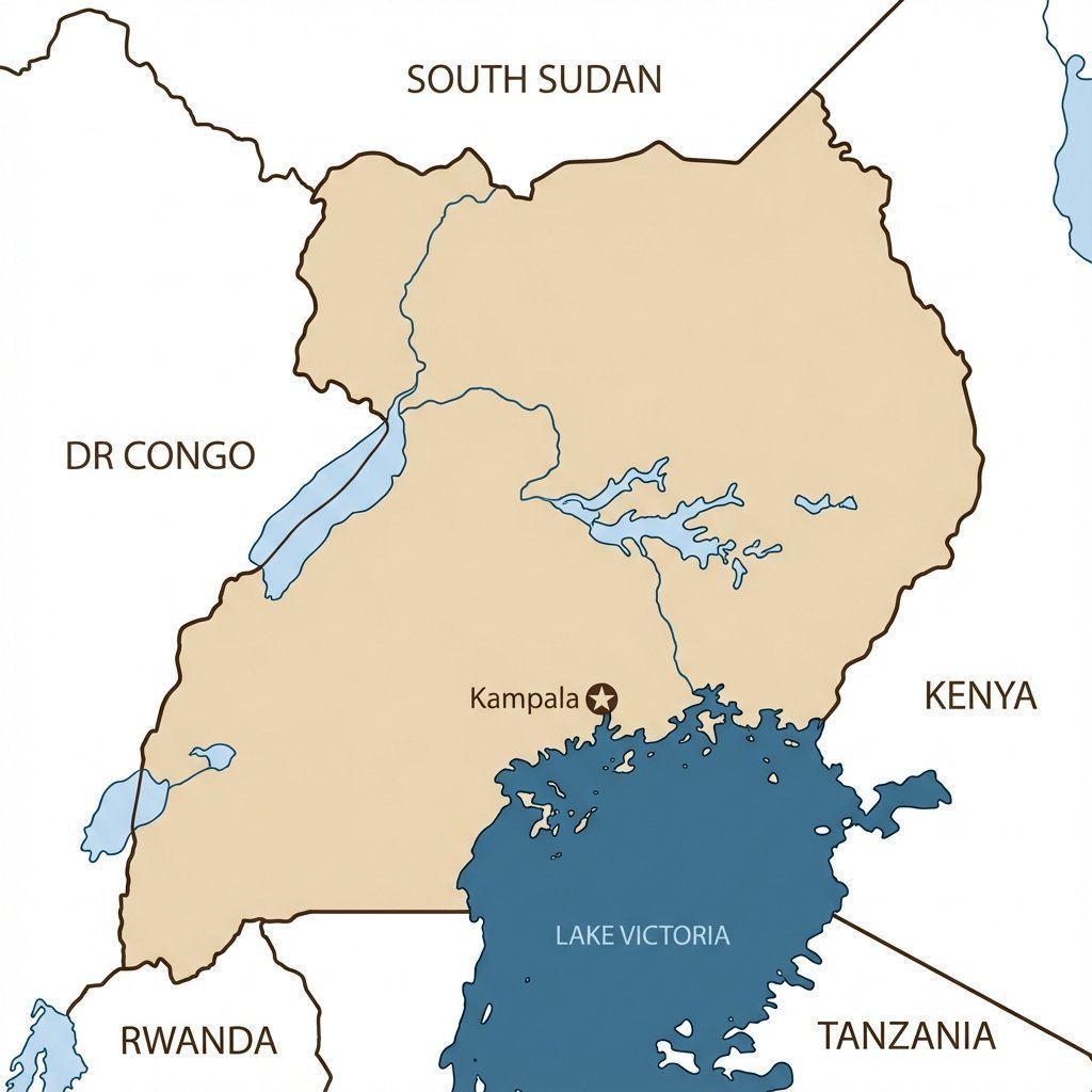 Map of Uganda showing borders and neighboring countries